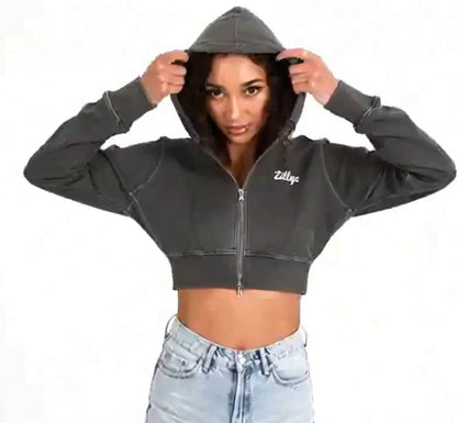 Zillyz Washed Cropped Fleece Hoodie